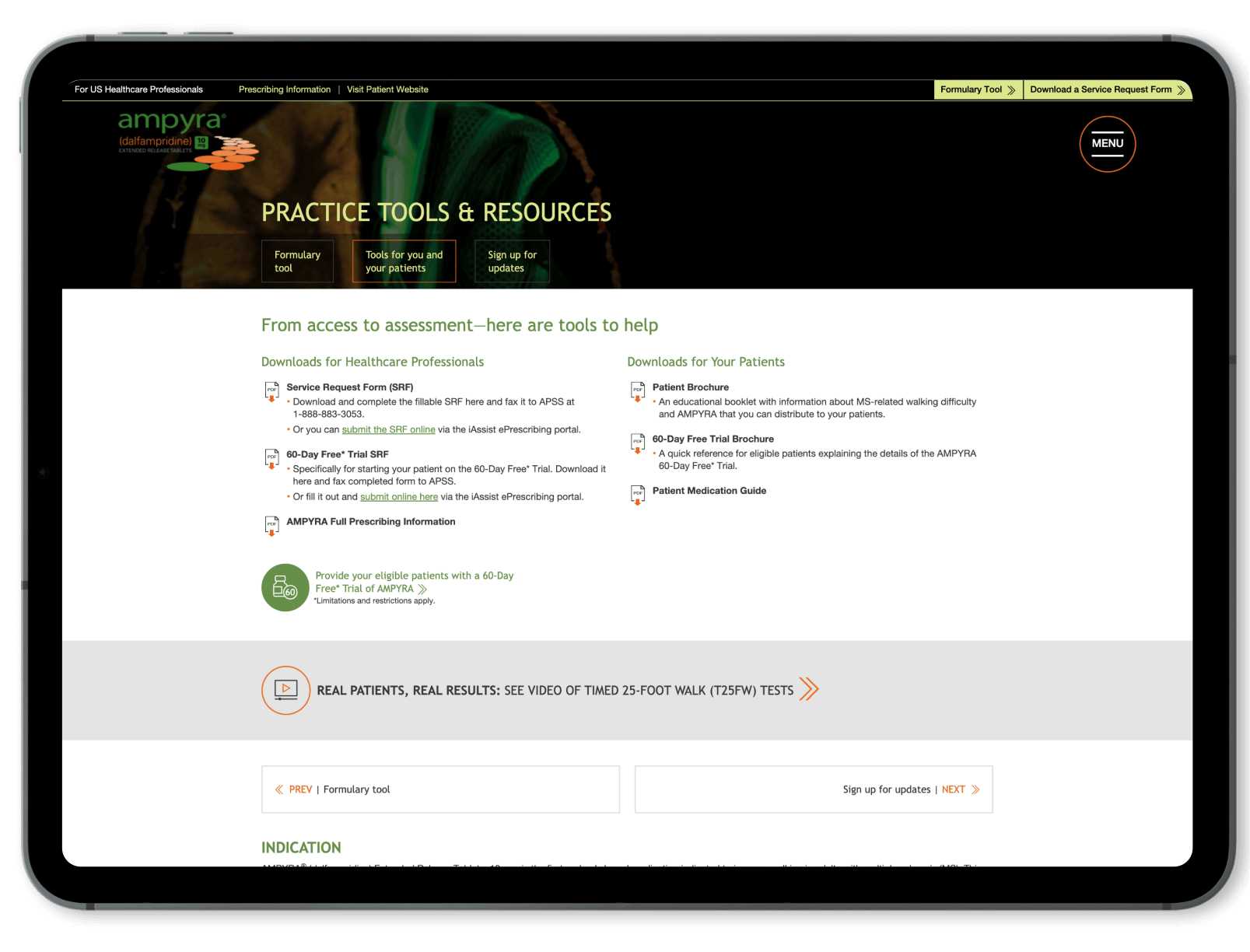 Screenshot of Ampyra Healthcare Professionals Website